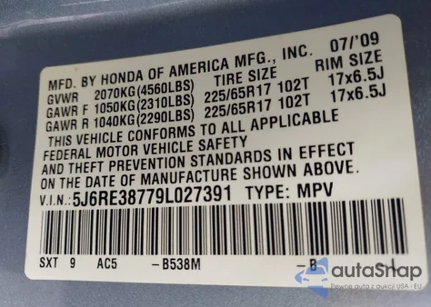 2009 Honda Cr-V Ex-L z USA, uszkodzony, nr VIN 5J6RE38779L027391